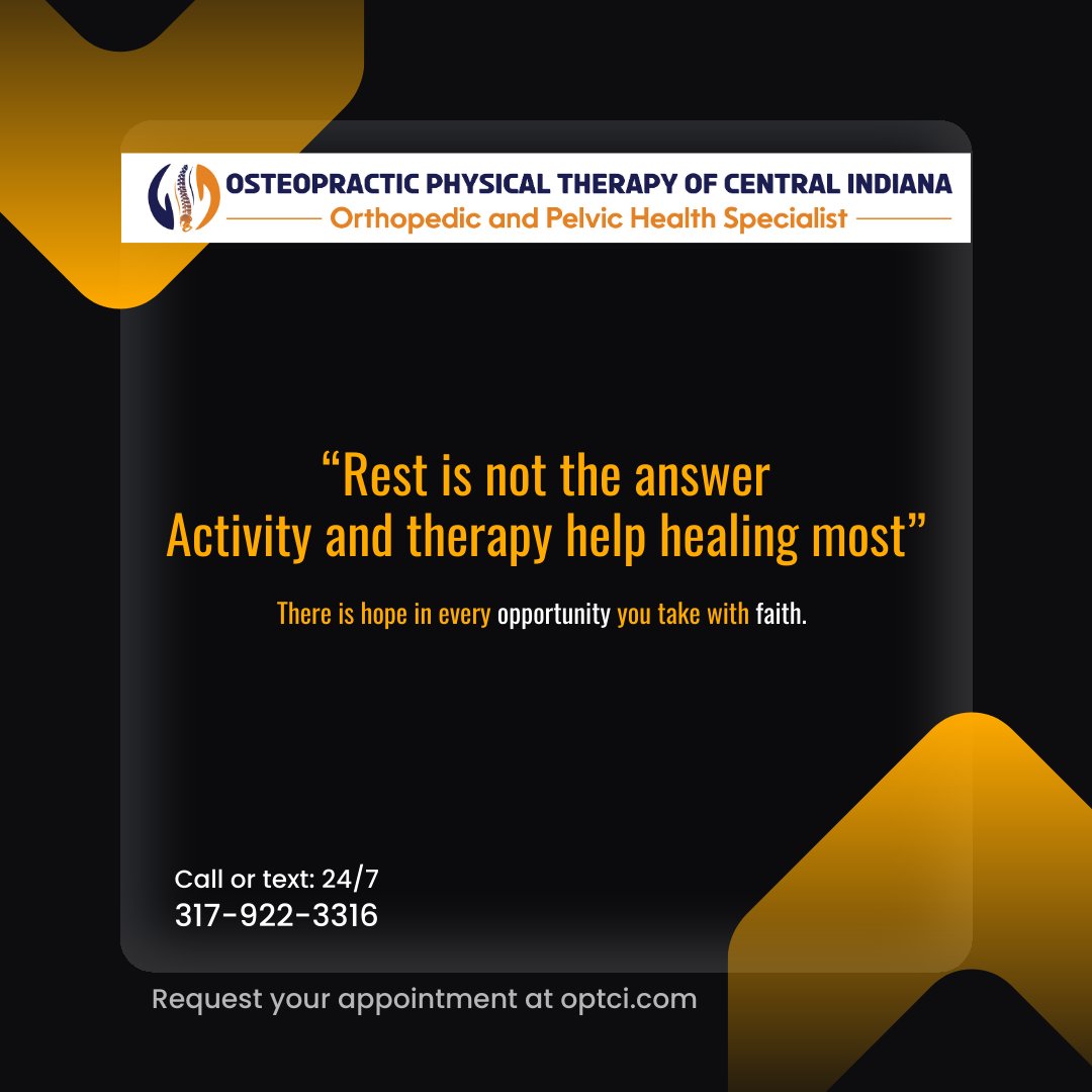 optciofficial's tweet photo. “Rest is not the answer, Activity and therapy help healing most”

Get started today!
Request  your appointment at Osteopathic Physical Therapy of Central Indiana.  Get started so we can help you make your everyday life comfortable.

#Therapy  #injury #physicaltherapy https://t.co/hRUm3NgPGB