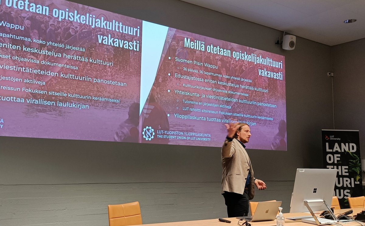 Yhteiskuntaala's tweet photo. Arvostamme, että @LTKYtwt hallituksen jäsen @ansu187 ehti kesken kiireisen vapun vieton esittelemään ylioppilaskunnan suunnitelmia liiton valtuustolle. Opiskelijakulttuuri ja -yhteisö luovat yhteenkuuluvuutta, hyvinvointia ja tukevat opintoja. 
#yhteiskuntaala #opiskelijat https://t.co/sy9KtYkDJy