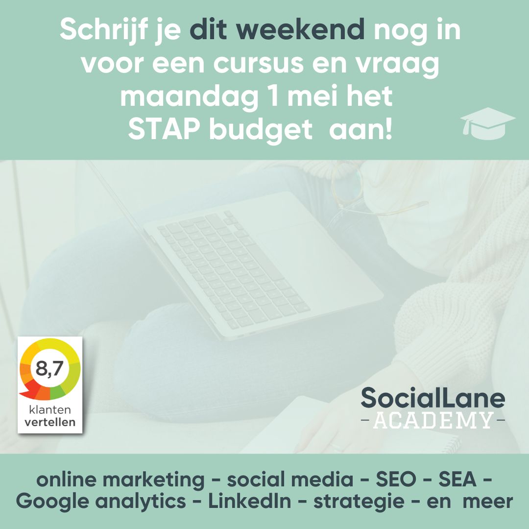 Zet 1 mei het STAP-budget in! Je kunt nog het 𝗵𝗲𝗹𝗲 𝘄𝗲𝗲𝗸𝗲𝗻𝗱 een aanmeldingsbewijs aanvragen bij #SocialLaneAcademy. Je ontvangt deze dan automatisch binnen een half uur per e-mail.
👁️‍ Bekijk alle cursussen en schrijf je direct online in! sociallane-academy.nl/opleiding-curs…