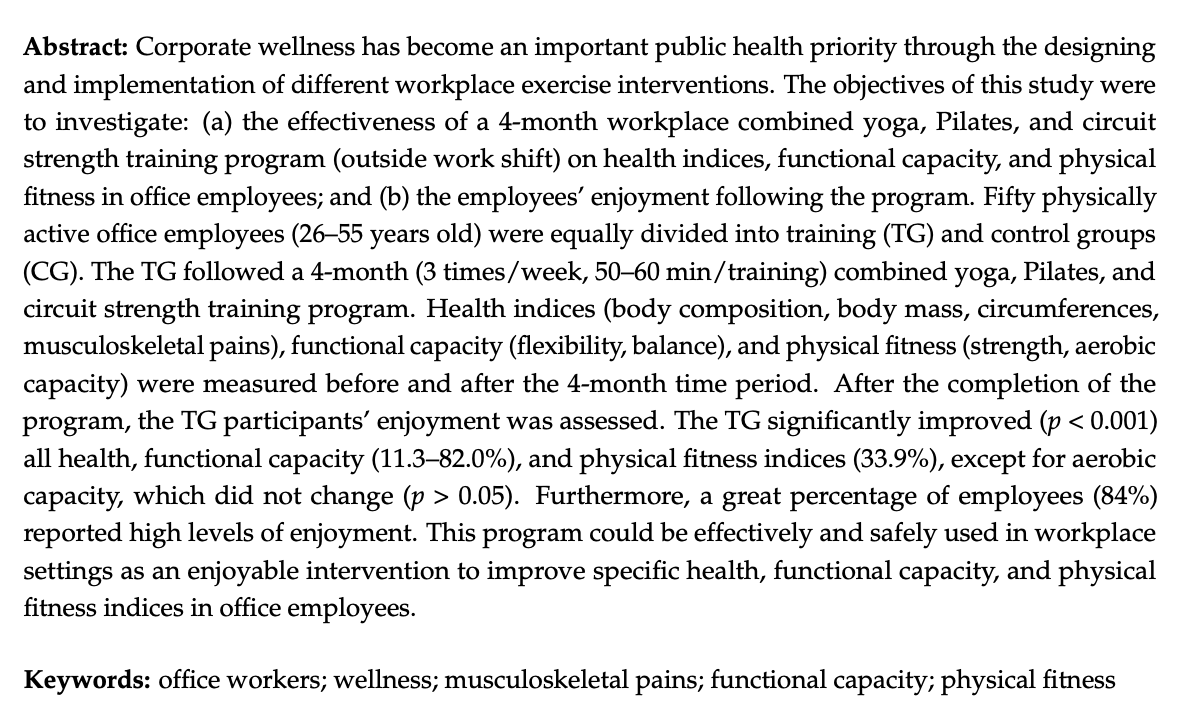 Elements_System's tweet photo. FITNESS CORPORATIVO. Entrenar en el trabajo, FUNCIONA. Sports 2023, 11(4), 84; https://t.co/q6xVVuCBbw https://t.co/R3jt14EKKz