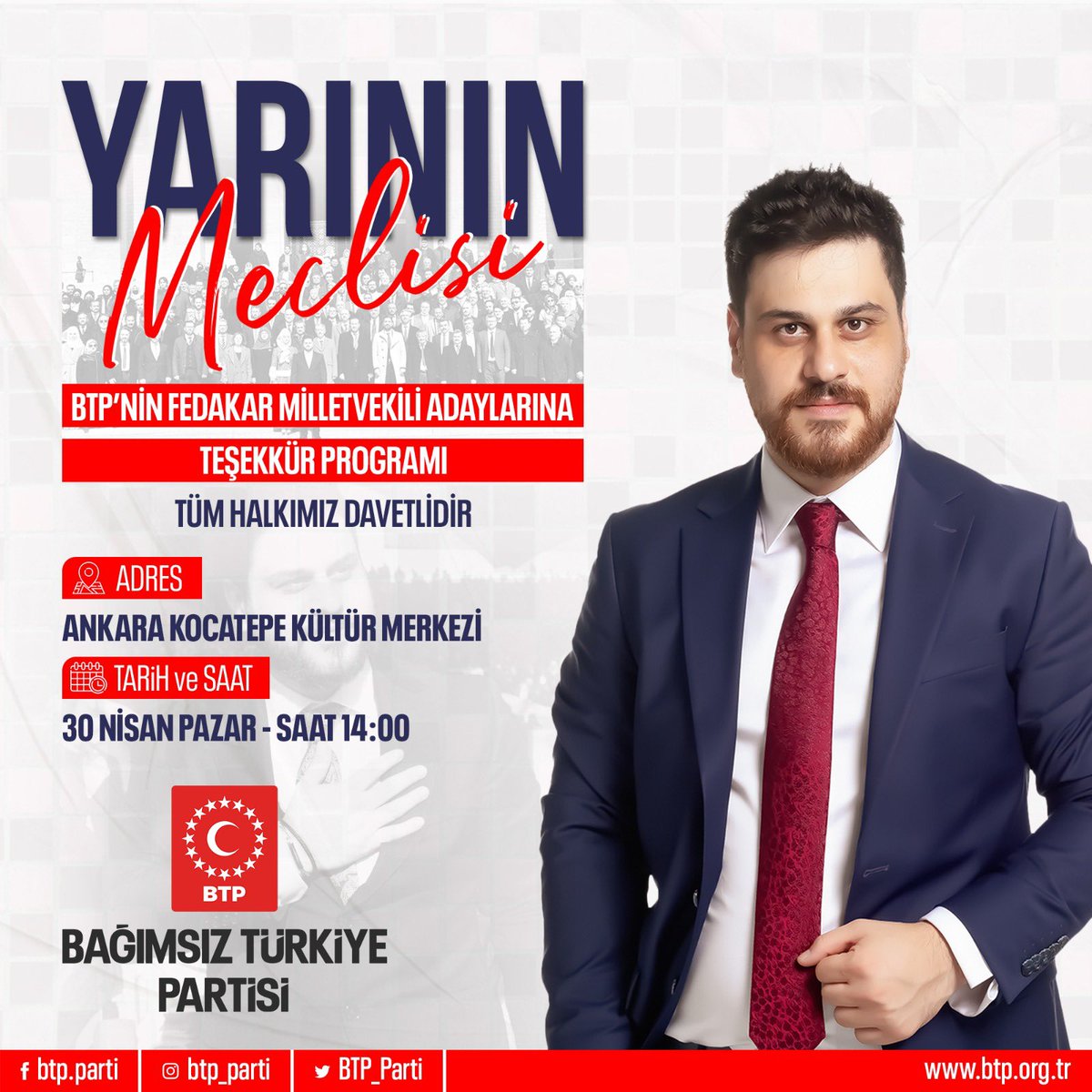 Tarihi sorumluluğumuzun olduğu bilinciyle hareket ettiğimiz bu dönemde:
Listelerin %80’i 40 yaş altı gençlerden oluşan 
“28. Dönem Fedakar Milletvekili Adaylarımıza Teşekkür Programımıza”

Tüm halkımız davetlidir.
#GençlerHalleder #HüseyinBaş #Seçim2023