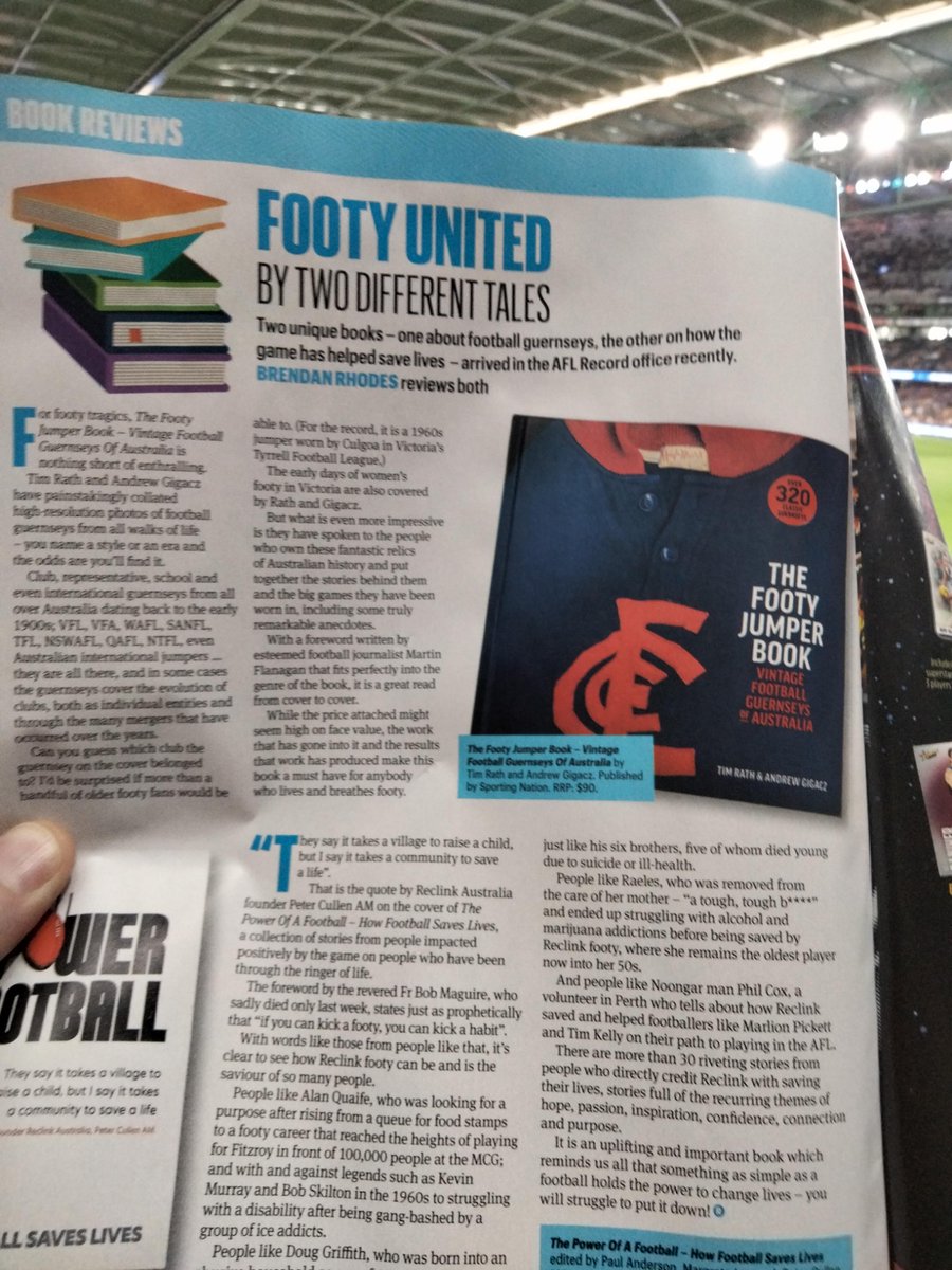 Sporting_N_Aus's tweet photo. "A must have for anybody who lives &amp; breathes footy".... Thanks for spotting this review of #TheFootyJumperBook in the #AFLRecord Dougy Doran https://t.co/iaDyfw0bqJ