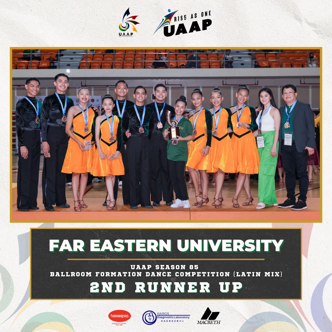 Congratulations to the #UAAPSeason85 Latin Mix Ballroom Formation Dance Competition Champions, the UP Ballroom Formation Team.

Congratulations The UST Sinag Ballroom Dance Company bag the silver and the FEU Dance Company take home the bronze.

#RiseAsOne