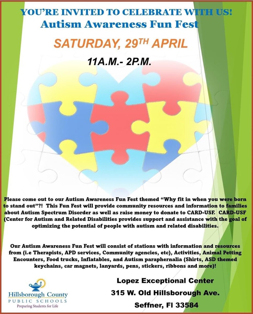 Today is the day! Come join us at Lopez Exceptional Center for the ribbon cutting for our new accessible sidewalk 10:45am and the Autism Awareness Festival 11-2pm! <a href="/lopez_center/">Lopez Exceptional Center</a> <a href="/HillsboroughSch/">Hillsborough Schools</a> <a href="/FDLRS_Hills/">FDLRS Hillsborough</a> <a href="/HCPSBoard/">HCPS Board Members</a> <a href="/HCPSLeaders/">HCPS Leadership Development</a>