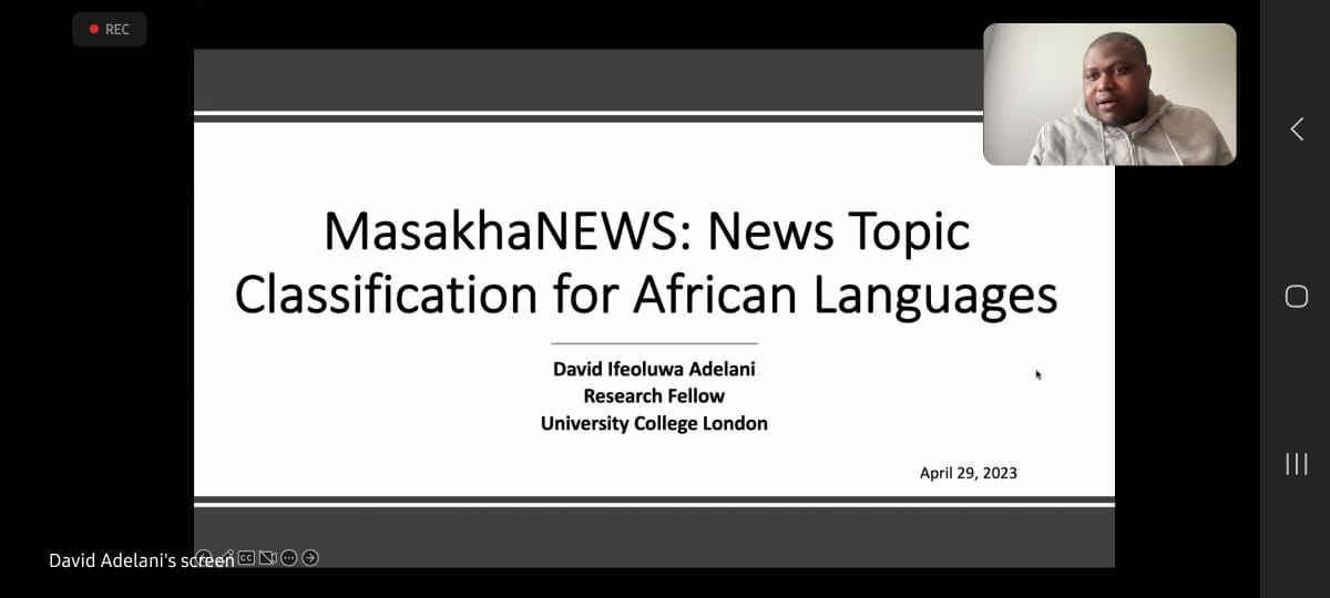 AISaturdayLagos's tweet photo. Just starting.
Join David Adelani (@davlanade) as he discusses 'News Topic Classification for African Languages'
https://t.co/MGs2J2XbQE https://t.co/KtOnCc70V5