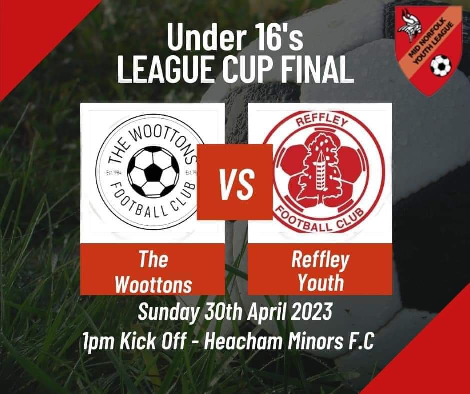 Sunday is all about the U16's CUP FINAL! <a href="/thewoottonsfc/">The Woottons FC</a> play  Reffley, who only have 1 defeat to their name for the season …. And that was against us!! Should be a great game.
 Sunday @ Heacham FC 1pm KO

BEST OF LUCK 

UP THE WOOTTONS 
🔵🔵⚪️⚪️🔵🔵