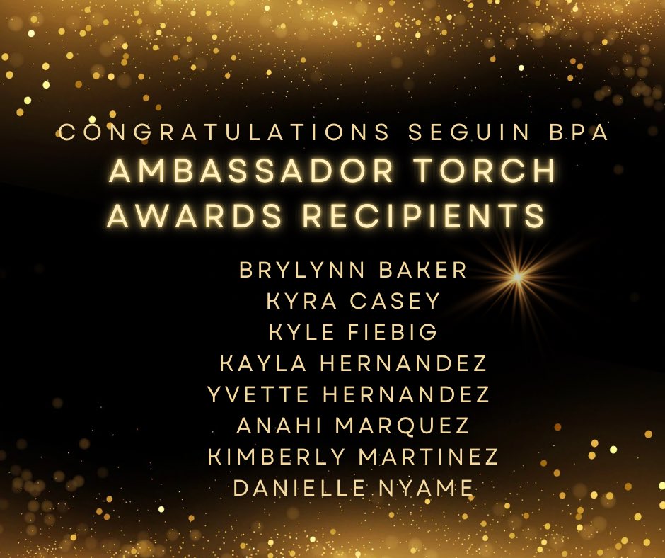 bpaseguin's tweet photo. Seguin BPA’s Ambassador Torch Award Recipients! This is the HIGHEST achievement a student can earn in BPA, and we are so proud of all 8 of our Ambassadors! Let’s go Seguin BPA!

#BPANLC2023 @BPAconnect @txbpa @txbpaa3r3 @SeguinCTE #BPAAllDay https://t.co/jHWQBJvNYX