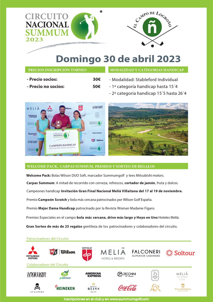 summumgolf's tweet photo. Horario de salidas Circuito Nacional Summum 
Golf Logroño Domingo 30 abril. 

Salidas por tee 1 y tee 10 de 8:30 a 10:45

Muy Felices de regresar a la Rioja y del éxito de participación, con el torneo lleno desde el martes por la mañana. #summum #golf 

https://t.co/MJQhGmF7yi https://t.co/h6ps9hRS66