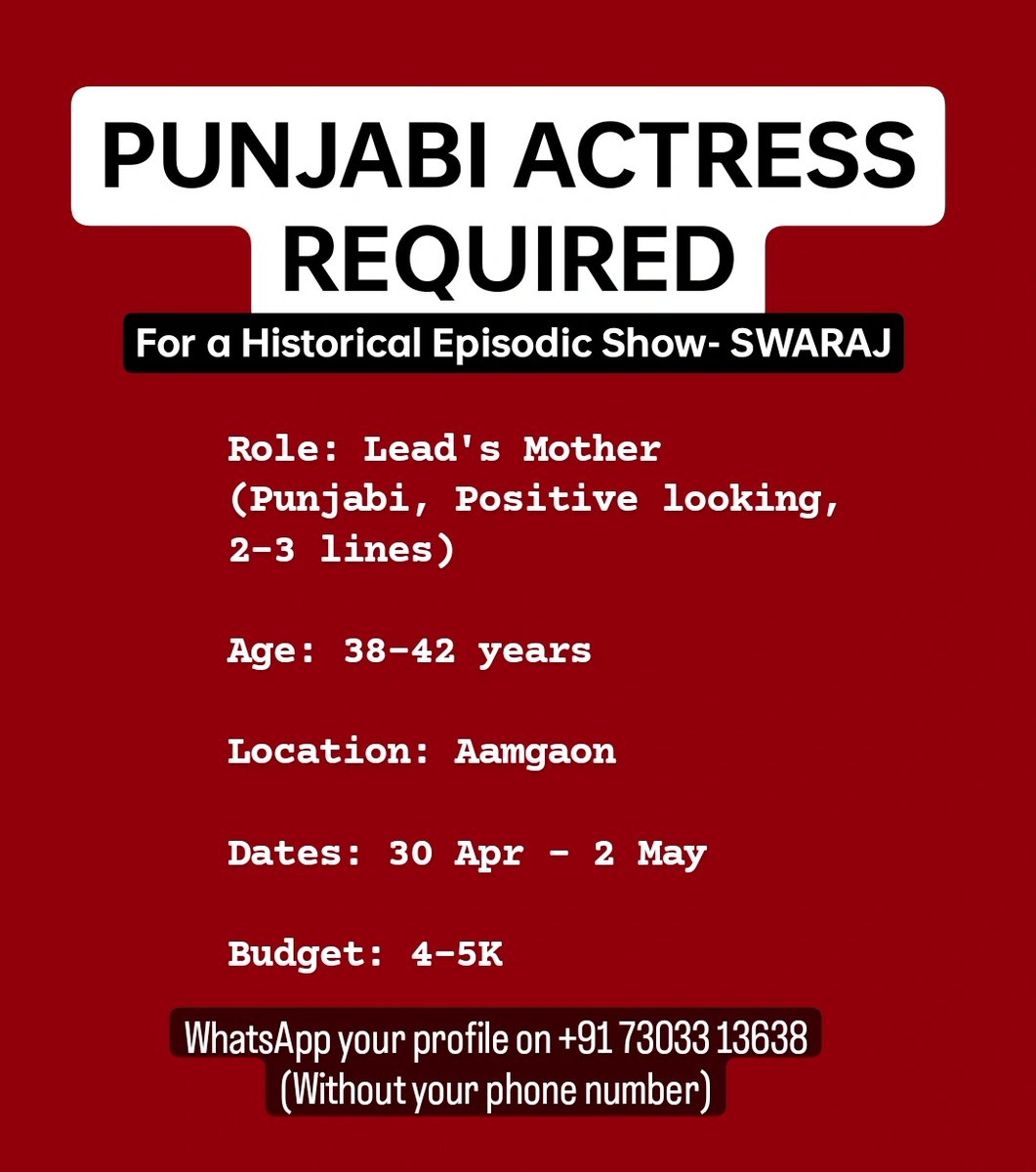 #punjabiactress required for a #ddnational show- SWARAJ

Location #aamgaon

To Apply, send your profiles on +91 73033 13638

#tvshowaudition #actor #punjabindustry #punjabiactor #castingcallmumbai #castingcall #audition #auditionupdates #actingaudition #acting #CASTING #firstcut