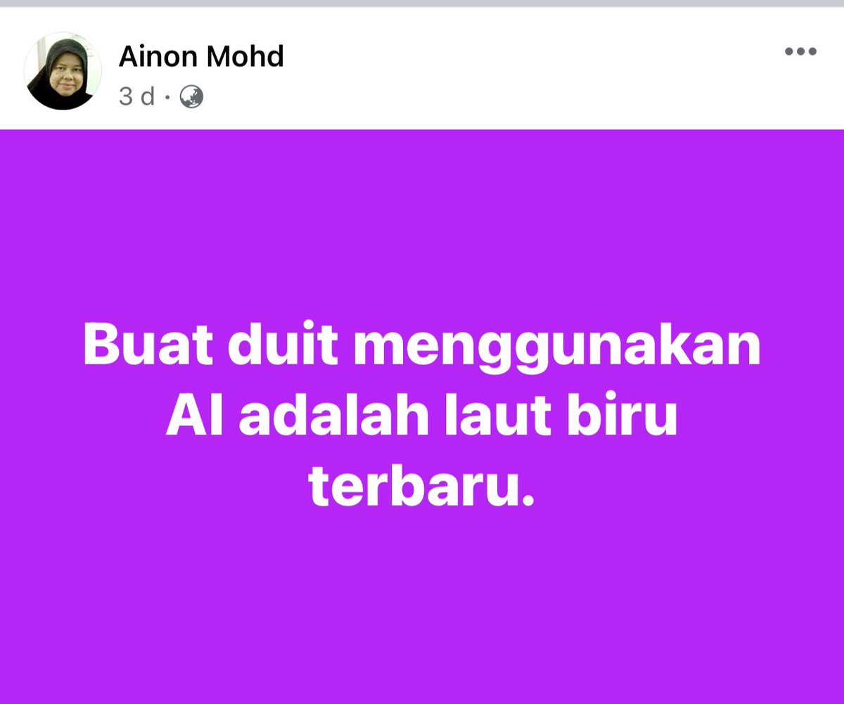 AmirDenaihati's tweet photo. Buat duit menggunakan AI adalah laut biru terbaru. - Bonda Ainon Mohd.

Kali ini saya nak kongsi bagaimana cara buat duit guna AI dengan real bisnis berasas AI yang pasaranya global dan pertama di dunia.

Terus membaca bebenang AI ini dan kongsikan pada kawan-kawan. https://t.co/ZHq6UDHKsv
