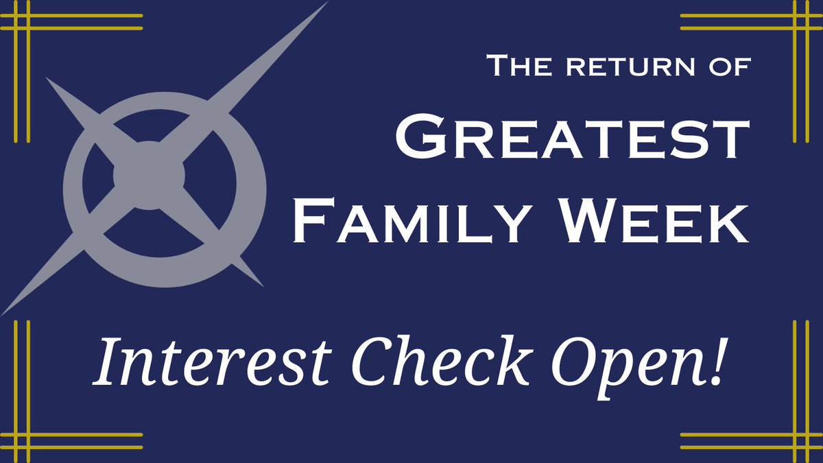greatestfmlywk's tweet photo. Greatest Family Week is returning for 2023! Did you participate last year? Are you excited to join this year? What prompts do you want to see (new or returning)? Help us solidify dates and prompts by taking our brief interest check, open through May 14th: https://t.co/8rgF4mCCr8 https://t.co/qt0XnY9V4S