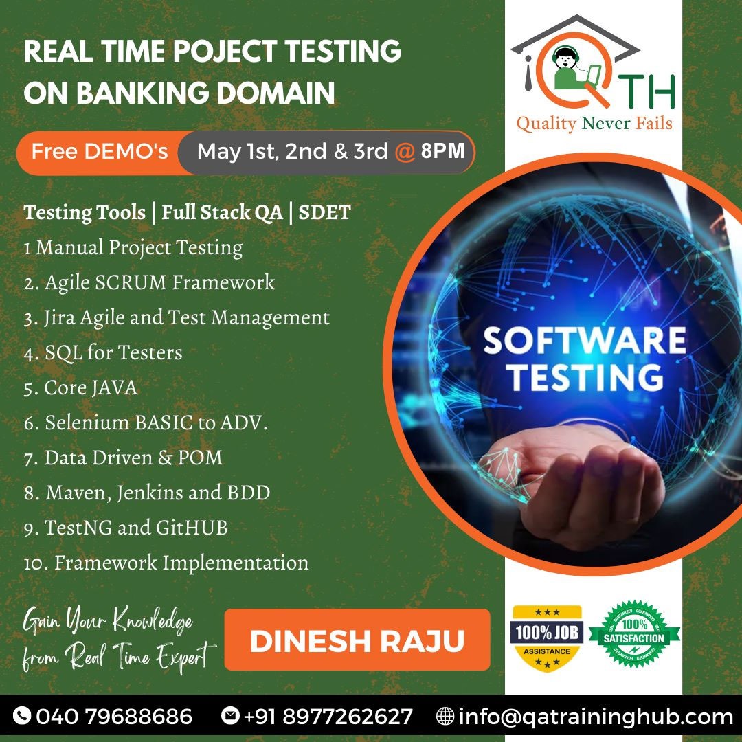 QATrainingHub's tweet photo. Real Time Project Testing on Banking Domain
Free DEMOs on May 1st, 2nd & 3rd
Testing Tools/ Full Stack QA/ SDET
#ManualProjectTesting #AgileSCRUMFramework
#JiraAgileandTestManagement #SQLforTesters
contactπ +91-8977262627
or visit π https://t.co/CUGinqPpnq https://t.co/c6LsMMxEVL