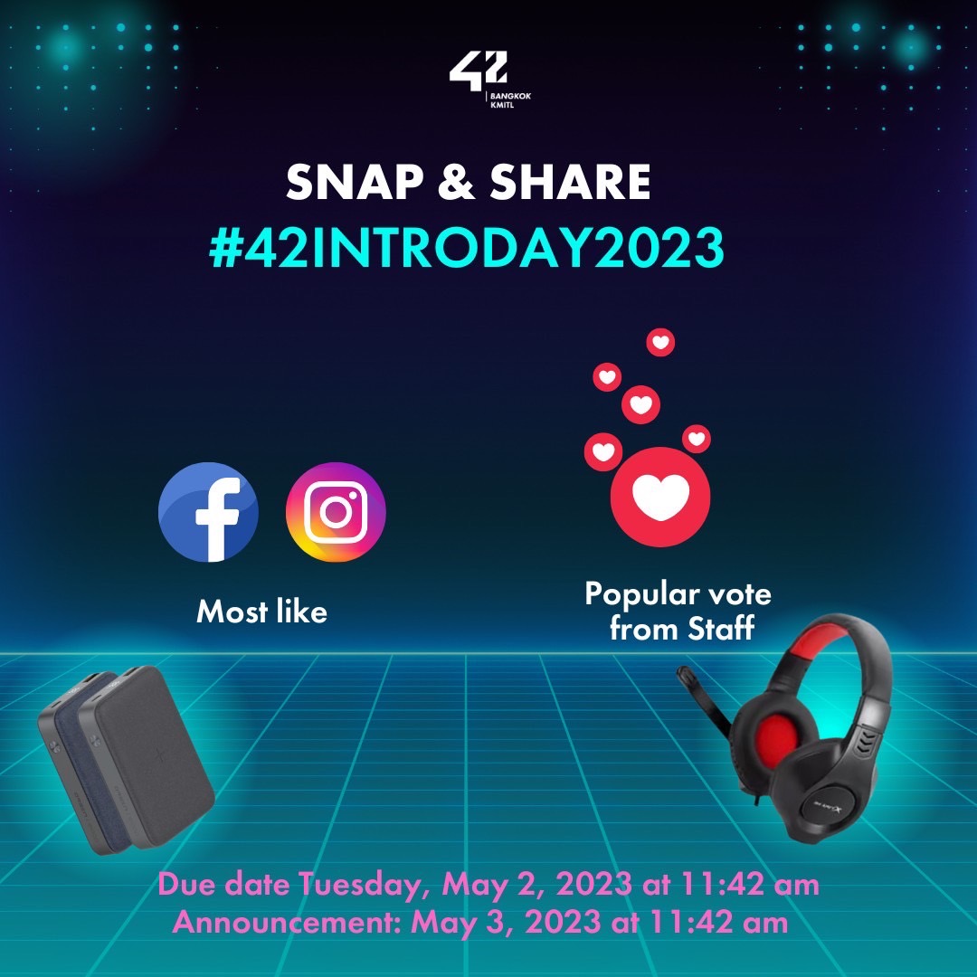 42Bangkok's tweet photo. กิจกรรม Snap &amp; Share จาก 42Bangkok 
สำหรับใครที่มีโอกาสเข้ามาเยี่ยมชม 42 Bangkok เพียงแค่ถ่ายรูปตัวเองที่บูธของ 42 Bangkok จุดไหนก็ได้พร้อมติดแฮชแท็ก #42introday2023​ 
ปิดการเพิ่มยอดไลค์ 2 พ.ค.2566 เวลา11.42น. 
ประกาศผล 3 พ.ค.2566 เวลา11.42น. ​ 
ส่งกันมาเยอะๆเลยน้า💕 
 #42bangkok https://t.co/1t8pHP8PL2