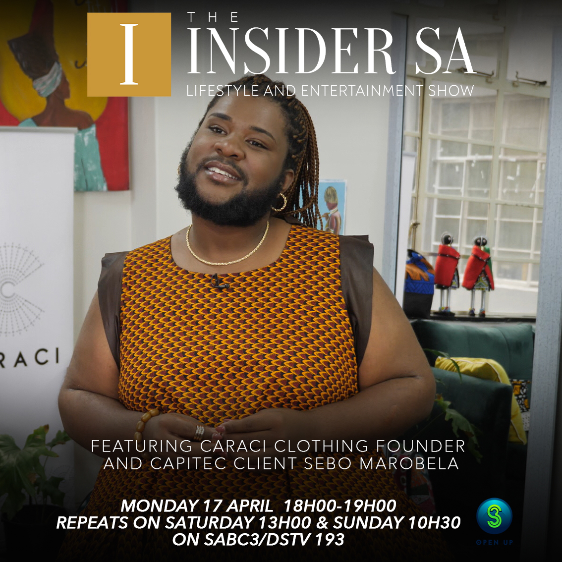 Today on #TheInsiderSA: We meet founder of Caraci Clothing &amp; <a href="/CapitecBankSA/">Capitec</a> client, <a href="/SeboCaraci/">Smiles :)</a>, who’s business creates an unforgettable fashion experience, &amp; find out why you should be with a bank that supports you. 

Watch it on Saturday at 1PM on <a href="/SABC3/">S3</a> #LiveBetterWithCapitec