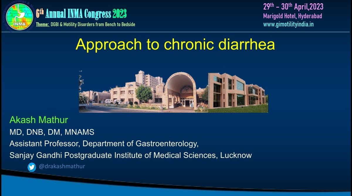 Excited to share my insights on the approach to chronic diarrhea at the 6th Annual Indian Neurogastroenterology and Motility Association (INMA) Congress 2023 in Hyderabad today! Looking forward to a fruitful discussion with experts in the field.
#Medtwitter #GITwitter