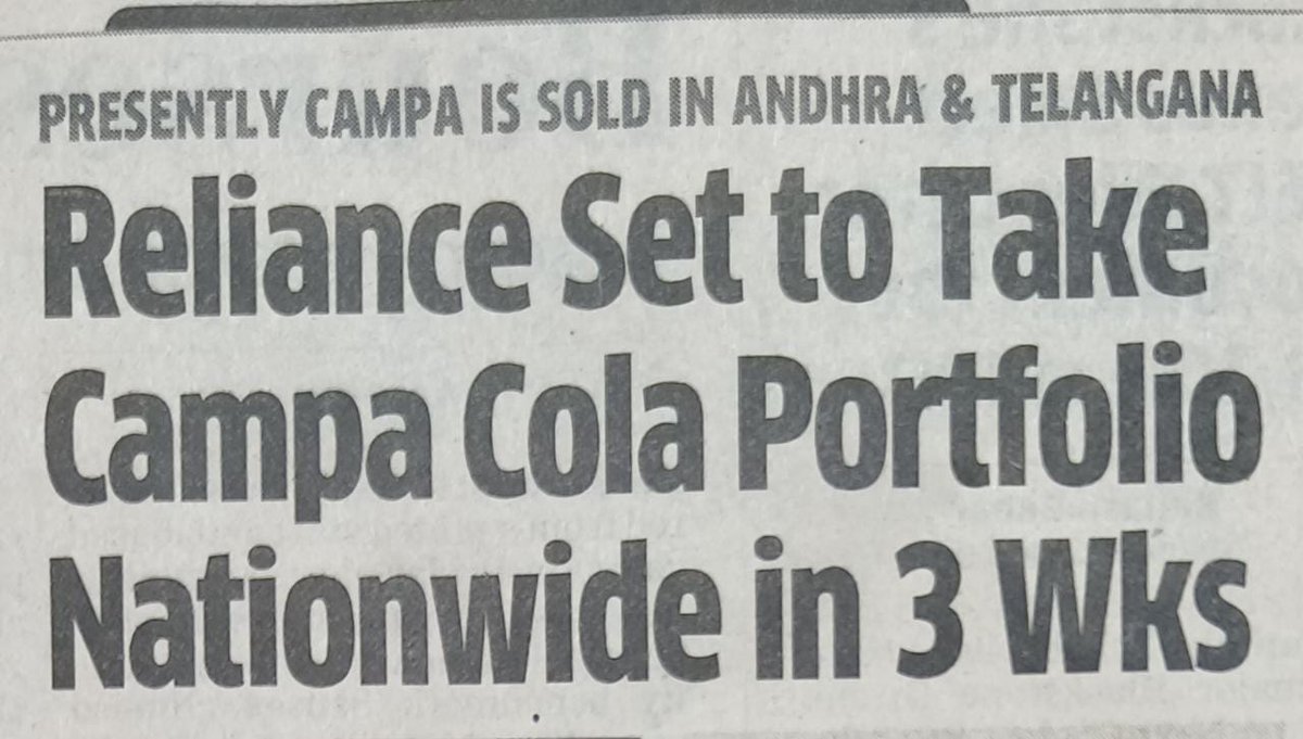 Webinar_Stores's tweet photo. Reliance Set to Take Campa Cola Portfolio Nationwide in 3 Wks
#IndiaStandswithPTUsha #lifeafterlockup #PeterPanEWendy #DrRomantic3Ep1 #WrestlersProtest https://t.co/NpVqY58A2o