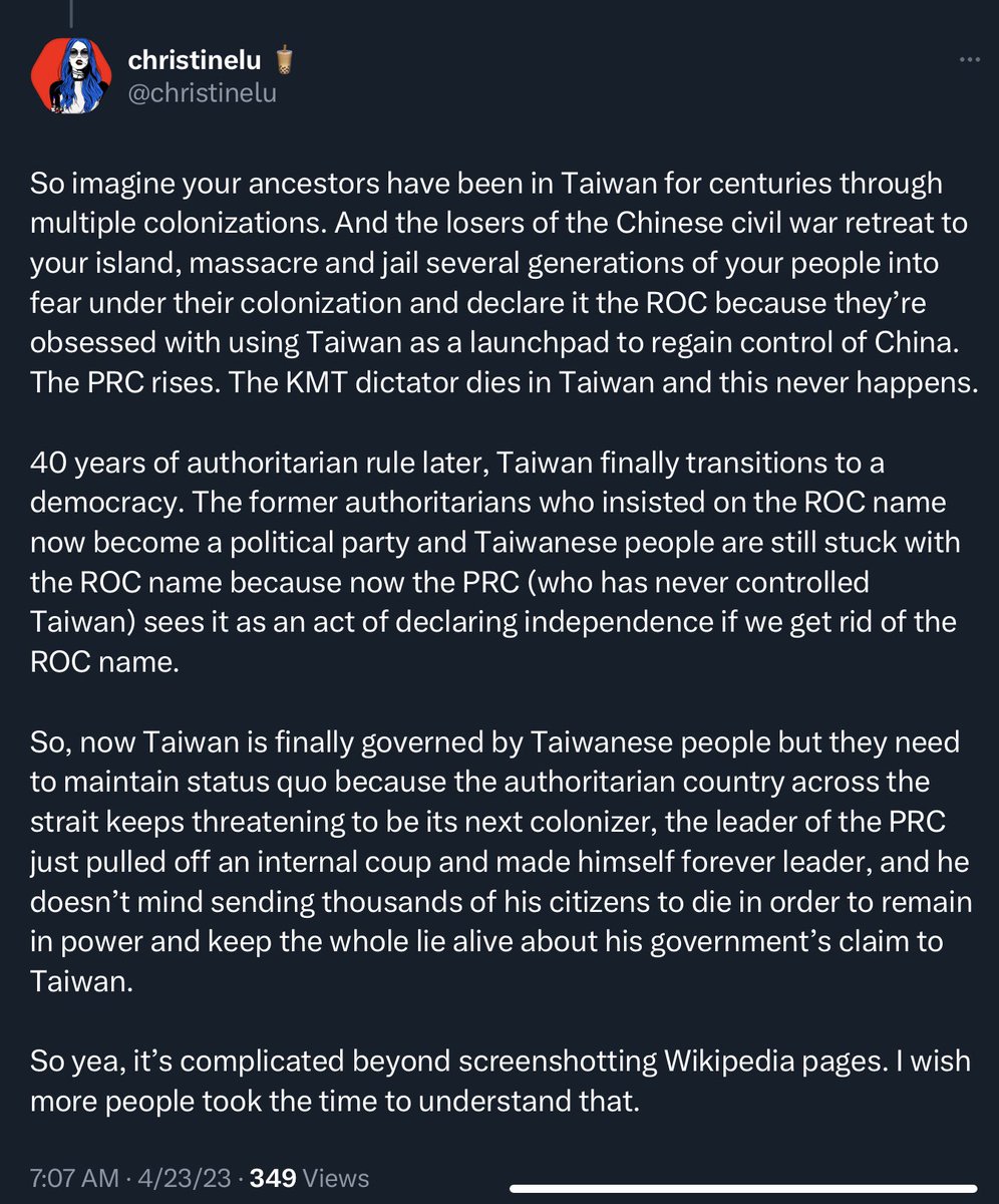 christinelu's tweet photo. THEM: Taiwan is called the “rEpUbLiC oF cHiNa” so that means it’s part of China. Otherwise why would it be called the ROC?

ME: https://t.co/NPTyOohMT6