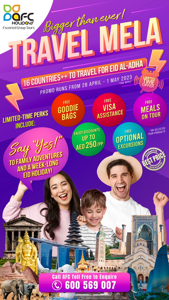 AFCHolidays's tweet photo. AFC Holidays brings back the Travel Mela for 2023, offering 16 countries to choose from for the longest weekend ever in the UAE this June.

Don’t miss out!
Promotion runs from Friday to Monday (28 April to 1 May)

#sale #offer #limitedperiod #grabnow #explore #travelmore https://t.co/LdzIT58sig