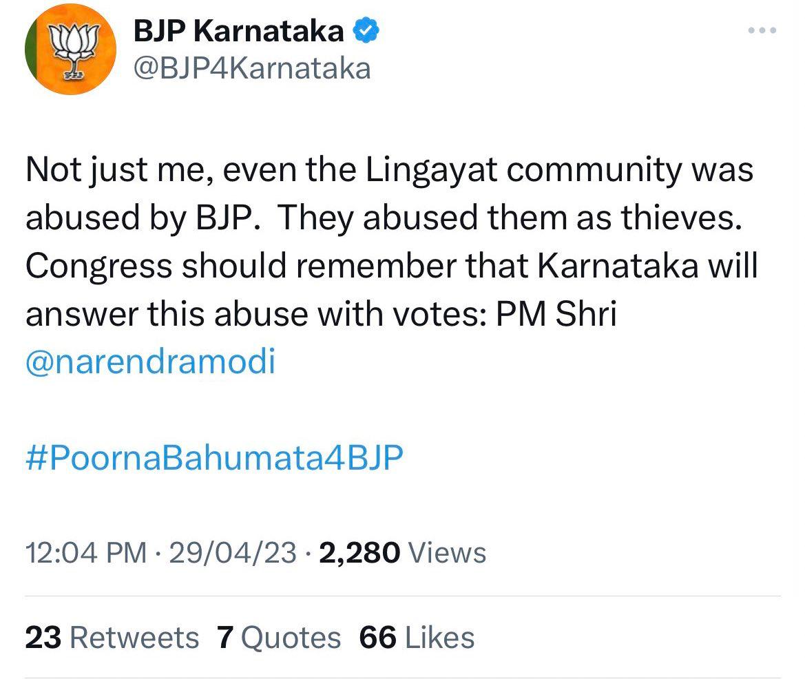 Lazycontroll_'s tweet photo. Modi ji has come to Karnataka today and accepted the truth that Lingayat community was abused by BJP. https://t.co/gW4RNRIlNP