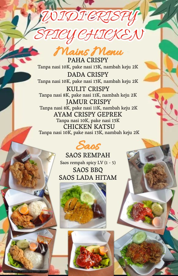 Widi_Sebastian's tweet photo. Widi crispy spicy chicken
  Ready
Bisa DO
Senin - minggu 
Buka jam 10 pagi - 12 malam
*Tutup lebih awal jika stock habis 🙏
Lok : sidomulyo batu
Minat : 082231618129
Shopee &amp; Grab, Gojek : Widi Crispy Spicy Chicken https://t.co/ItDRJmLMSL