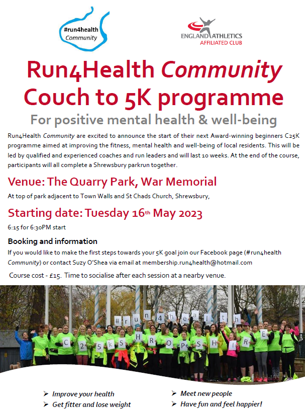 EnergizeSTW's tweet photo. Aimed to run #CouchTo5K but not actually got around to it? Want to improve your #health? 
Run4Health Community is starting its next programme on 16th May. A fun, enjoyable, sociable way to start #running. Join in!
#activity #movement #EliminatingInactivity #Shrewsbury #Shropshire https://t.co/MywvTsebn1
