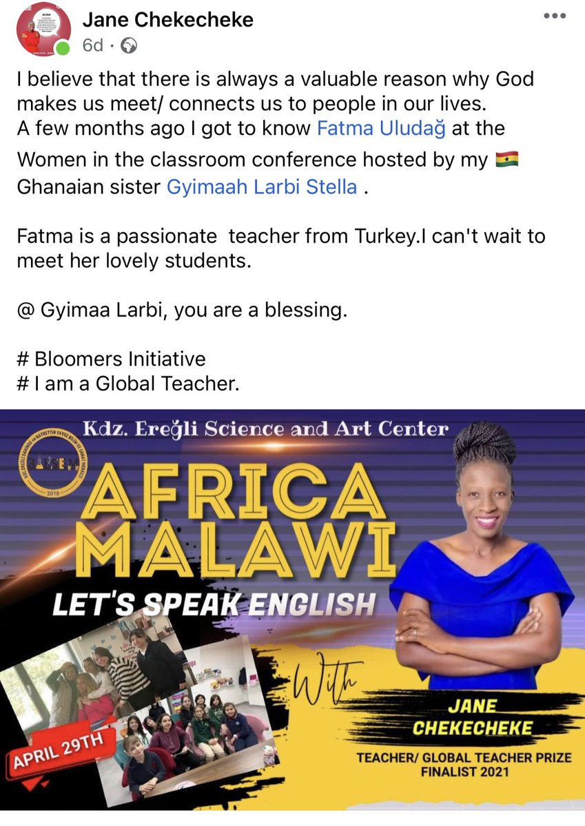 Prize ödüllü Afrikadan Jane Chekecheke ile <a href="/BilsemKdz/">Kdz Ereğli Bilsem</a> öğrencilerimiz Lets speak English atölyemizde buluşuyor.Öğrencilerimin İngilizce konuşma becerilerini kazanmasında destek olan ,kültürler arası etkileşim ve farkındalık sağlayan Jane’e çok teşekkürler. <a href="/ZonguldakMEM/">Zonguldak İl Millî Eğitim Müdürlüğü</a>