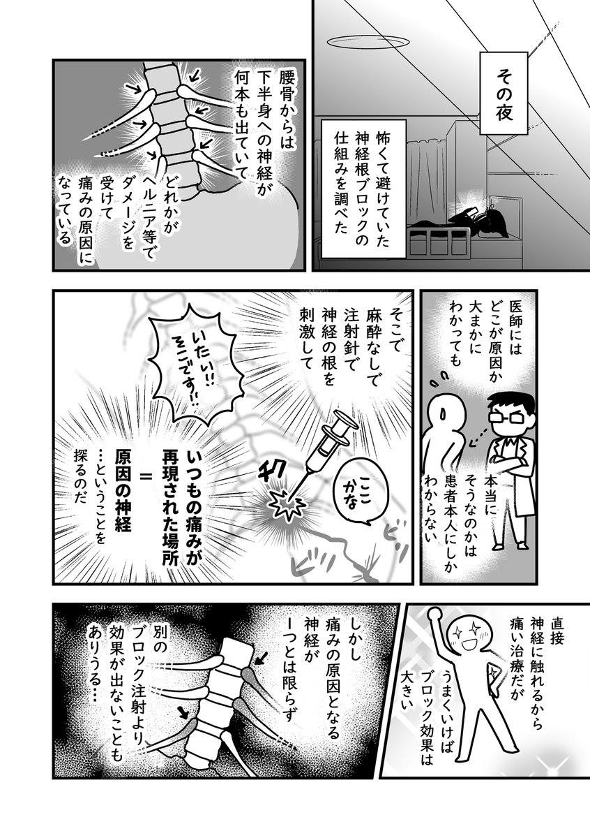 コミケがきっかけで腰が死んだ話。第16話
(腰痛トラブル漫画）

注射の中で一番痛いとされる神経根ブロック注射を打つことになった話-5/5
#漫画が読めるハッシュタグ #エッセイ漫画 https://t.co/JGJrwouUDa
