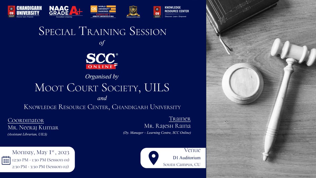 KnowledgeResou5's tweet photo. Knowledge Resource Center" &amp; "Moot Court Society" are going to organize a training session on SCC database. This Session is regarding LEAGAL STUDIES STUDENTS. Delivered by:-
Dy. Manager SCC
"Mr. Rajesh Raina"
Auditorium D1 on May 1, 2023
12:30- 1:30 PM &amp; 2:30- 3:30PM https://t.co/crlgdy00uc