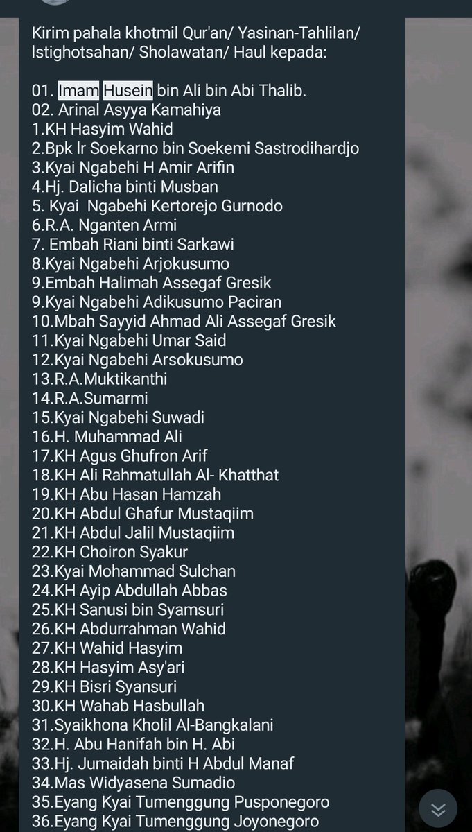 Setia kawan banget, sampe setiap bulan beberapa kali ngewajibin buat khotmil quran. Doain para sahabat nabi, ulama, sahabat papi, sampe siapapun yg titip org tua/keluarganya yg sidah meninggal agar ditawasuli arwahnya. Beliau yakin bahwa amalan doa itu kuat. Mampu menembus langit