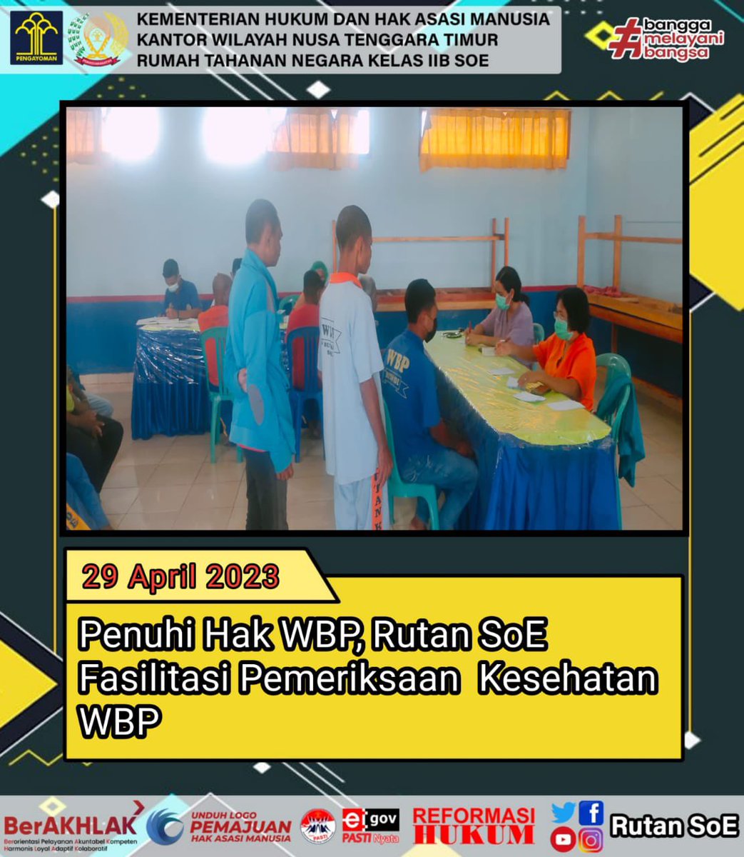 RutanSoe's tweet photo. SoE, INFO_PAS – Warga Binaan Pemasyarakatan Rumah Tahanan Negara (Rutan) Kelas IIB SoE mendapat pelayanan kesehatan dari Puskesmas Kota SoE, Sabtu (29/4).
#kemenkumhamri #ditjenpas #pemasyakatan #divpas #kanwilkemenkumhamntt #rutansoe https://t.co/iPzozDxXdf