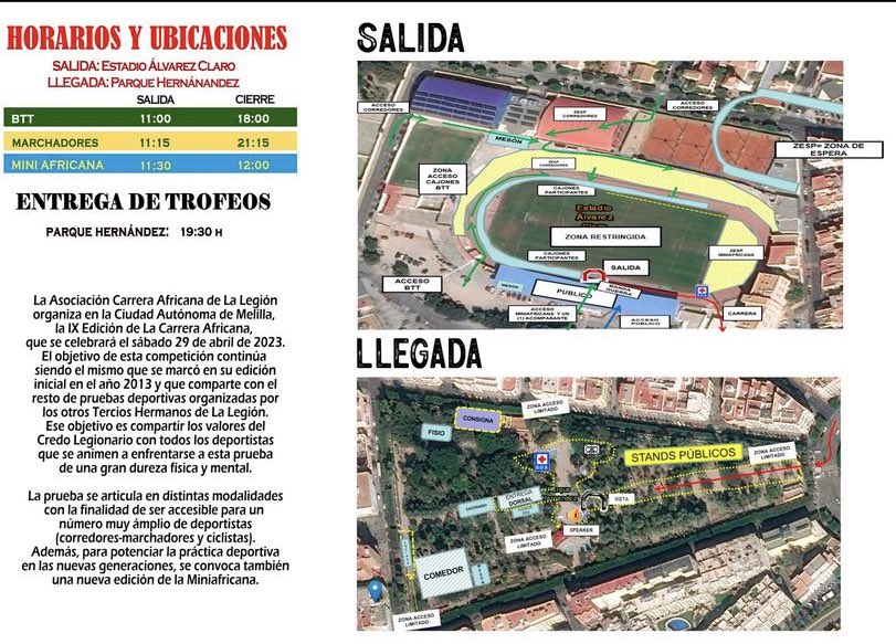 📣African@s,

💢COMENZAMOS IX EDICIÓN CARRERA AFRICANA‼️

🏳Salida: Álvarez Claro
🏁Meta: Parque Hernández

🚴‍♂️BTT: 11:00h
🏃‍♀️Marchadores: 11.15h
👧👦Mini Africana: 11.30h

A qué esperas 🚀¡Africana! 🚴‍♀️🏃🏃‍♀️

#Melilla #España #Legion #LegionEspañola #TercioGranCapitan