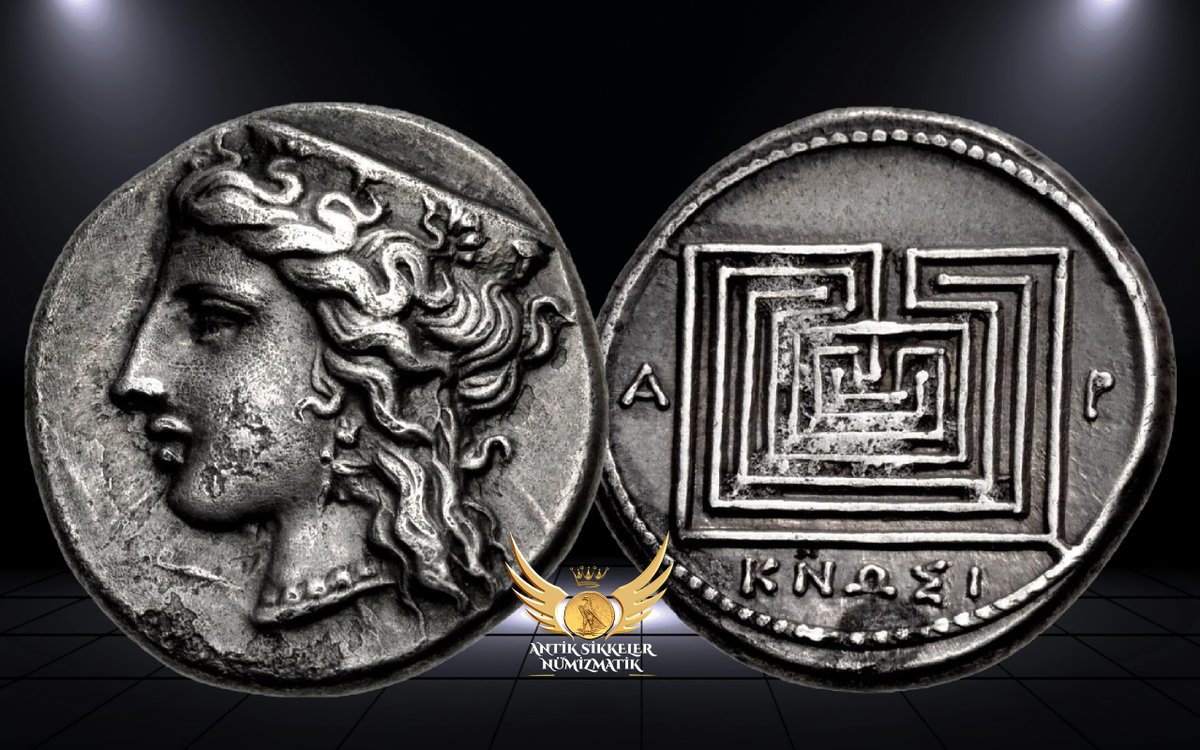AntikSikkeler's tweet photo. Did You Know ?
#Greek #Crete #Knossos
#Cnossos had been the great capital of the Minoan civilization on crete during the Bronze Age and its grand palace complex has sometimes been described as representing the first city of #Europe.
Although Cnossos was destroyed in ca. 1370 BC, probably by #Mycenean invaders from mainland #Greece, the memory of the palace and the importance that bulls 1370 BC, probably by #Mycenean invaders from mainland #Greece, the memory of the palace and the importance that bulls had enjoyed in Minoan culture lived on in the myth of #Theseus and the #Minotaur.
According to the myth, the powerful king #Minos of Crete ordered his skilled builder Daedalus to construct a vast maze known as the labyrinth a memory of the winding streets of the ruined Cnossian palace complex to imprison the Minotaur, the monstrous offspring of his wife #Pasiphae and the Cretan Bull. In order to keep the Minotaur fed, Minos ordered the conquered city of #Athens to provide a tribute of seven youths and seven maidens every nine years.
This terrible tribute was only brought to an end when the hero Theseus, with assistance from Minos' daughter Ariadne, braved the labyrinth and killed the Minotaur. Through the frequent retelling of this myth, the labyrinth became the most famous landmark in Cnossos and indeed all of Crete.
By the #Hellenistic period the labyrinth maze had evolved into the civic emblem of Cnossos and made frequent appearances on the city's coinage down to the #Roman Imperial period.