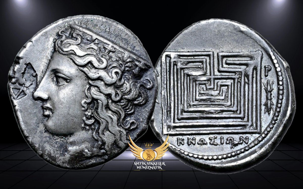 AntikSikkeler's tweet photo. Did You Know ?
#Greek #Crete #Knossos
#Cnossos had been the great capital of the Minoan civilization on crete during the Bronze Age and its grand palace complex has sometimes been described as representing the first city of #Europe.
Although Cnossos was destroyed in ca. 1370 BC, probably by #Mycenean invaders from mainland #Greece, the memory of the palace and the importance that bulls 1370 BC, probably by #Mycenean invaders from mainland #Greece, the memory of the palace and the importance that bulls had enjoyed in Minoan culture lived on in the myth of #Theseus and the #Minotaur.
According to the myth, the powerful king #Minos of Crete ordered his skilled builder Daedalus to construct a vast maze known as the labyrinth a memory of the winding streets of the ruined Cnossian palace complex to imprison the Minotaur, the monstrous offspring of his wife #Pasiphae and the Cretan Bull. In order to keep the Minotaur fed, Minos ordered the conquered city of #Athens to provide a tribute of seven youths and seven maidens every nine years.
This terrible tribute was only brought to an end when the hero Theseus, with assistance from Minos' daughter Ariadne, braved the labyrinth and killed the Minotaur. Through the frequent retelling of this myth, the labyrinth became the most famous landmark in Cnossos and indeed all of Crete.
By the #Hellenistic period the labyrinth maze had evolved into the civic emblem of Cnossos and made frequent appearances on the city's coinage down to the #Roman Imperial period.