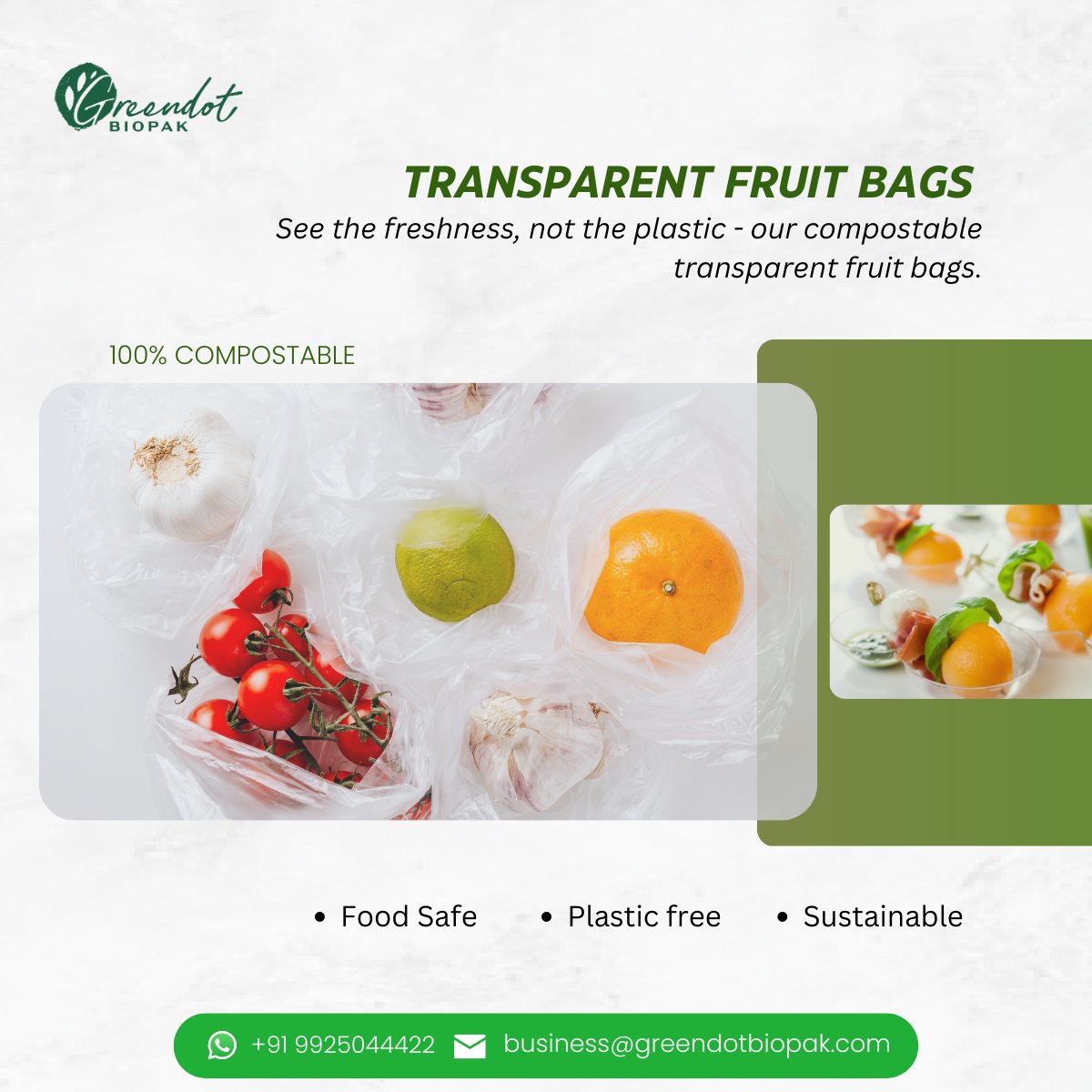 See the freshness, not the plastic - our compostable transparent fruit bags.

WhatsApp - +919925044422, Email - business@greendotbiopak.com

#greendotbiopak
#ecofriendly #fruitbag #vegetablebag #transparentbag #freshproducebag #sustainability #fandVbag #foodsafebag #certifiedbag