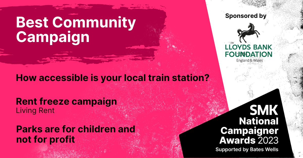 We're delighted to announce the shortlist for Best Community Campaign. Congratulations to @SaysNathaniel @GreenfieldsThe @Living_Rent and everyone who supported these great campaigns! 

Winner will be announced on 24 MAY. 
Sponsored by @LBFEW 

#lovecampaigning #SMKAwards2023