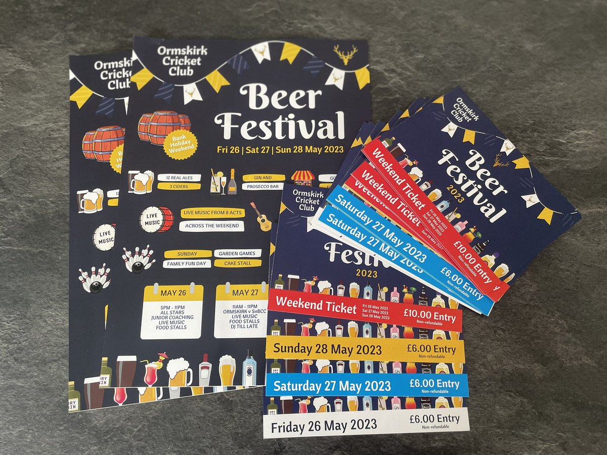 Ormskirk_CC's tweet photo. A reminder that tickets for our Beer Festival are now on sale! 🎟️ 

Join in the fun from just £6 per day or £10 for entry for the whole weekend!

Tickets available from behind the bar. We are open all weekend so get down and purchase early to avoid disappointment! https://t.co/NKgjP4G9IX