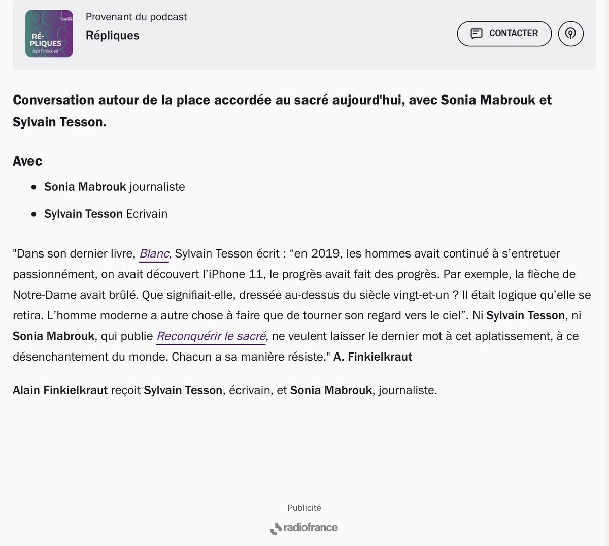 Tibere716's tweet photo. Alain Finkielkraut avait invité Sonia Mabrouk et Sylvain Tesson pour parler du sacré. Il existe donc encore des personnes qui savent parler divinement. Le culte de l’égalité nous mène à l’enfer.

#Repliques #FranceCulture #ReconquerirLeSacre
@franceculture @SoMabrouk https://t.co/2Q4oWJmoKH