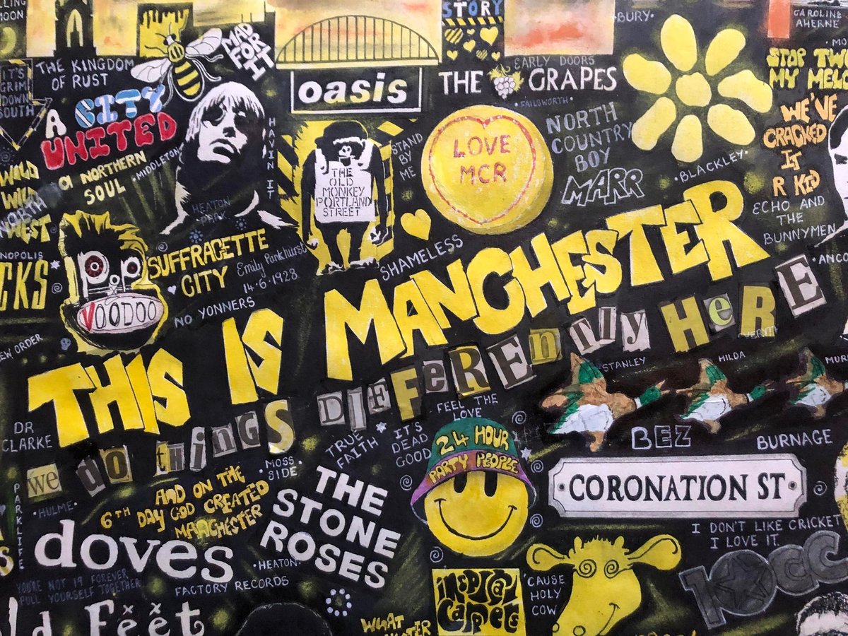 This is Manchester painting by Paul Halmshaw available in signed limited edition print. #manchester #stoneroses #jamez #inspiralcarpets #charlatans #1975 #james #oasis #joydivision #neworder #thesmiths #manchester #music #popart #nft #ART