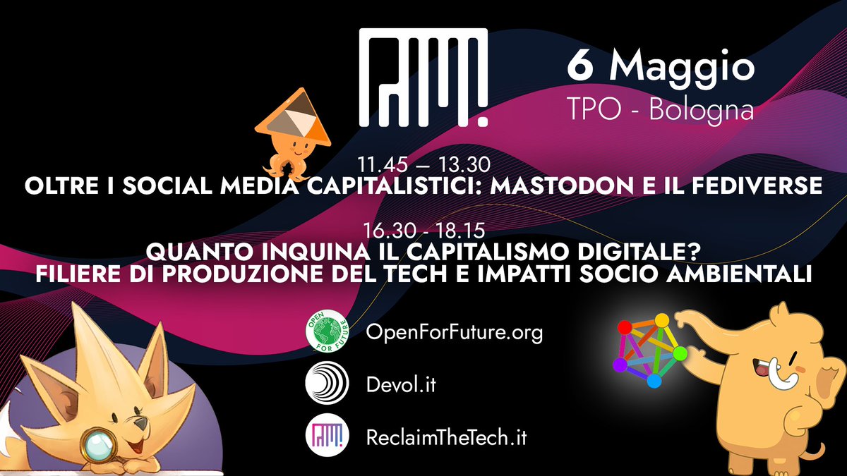 Open Source Italia (@open_source_ita) on Twitter photo RT @openforfuture@mastodon.uno
Vi informiamo che sabato 6 Maggio, al festival reclaimthetech a Bologna, ci saremo anche noi di openforfuture insieme a devol per parlare di Mastodon, del Fediverse e del lavoro svolto finora c…
mastodon.uno/@openforfuture… RT @openforfuture@mastodon.uno
Vi informiamo che sabato 6 Maggio, al festival reclaimthetech a Bologna, ci saremo anche noi di openforfuture insieme a devol per parlare di Mastodon, del Fediverse e del lavoro svolto finora c…
mastodon.uno/@openforfuture…