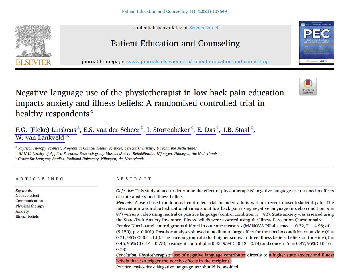 Bias 🚨 
Negative language use of the physiotherapist in low back pain education impacts anxiety and illness beliefs: A randomised controlled trial in healthy respondents | Elsevier Enhanced Reader reader.elsevier.com/reader/sd/pii/…