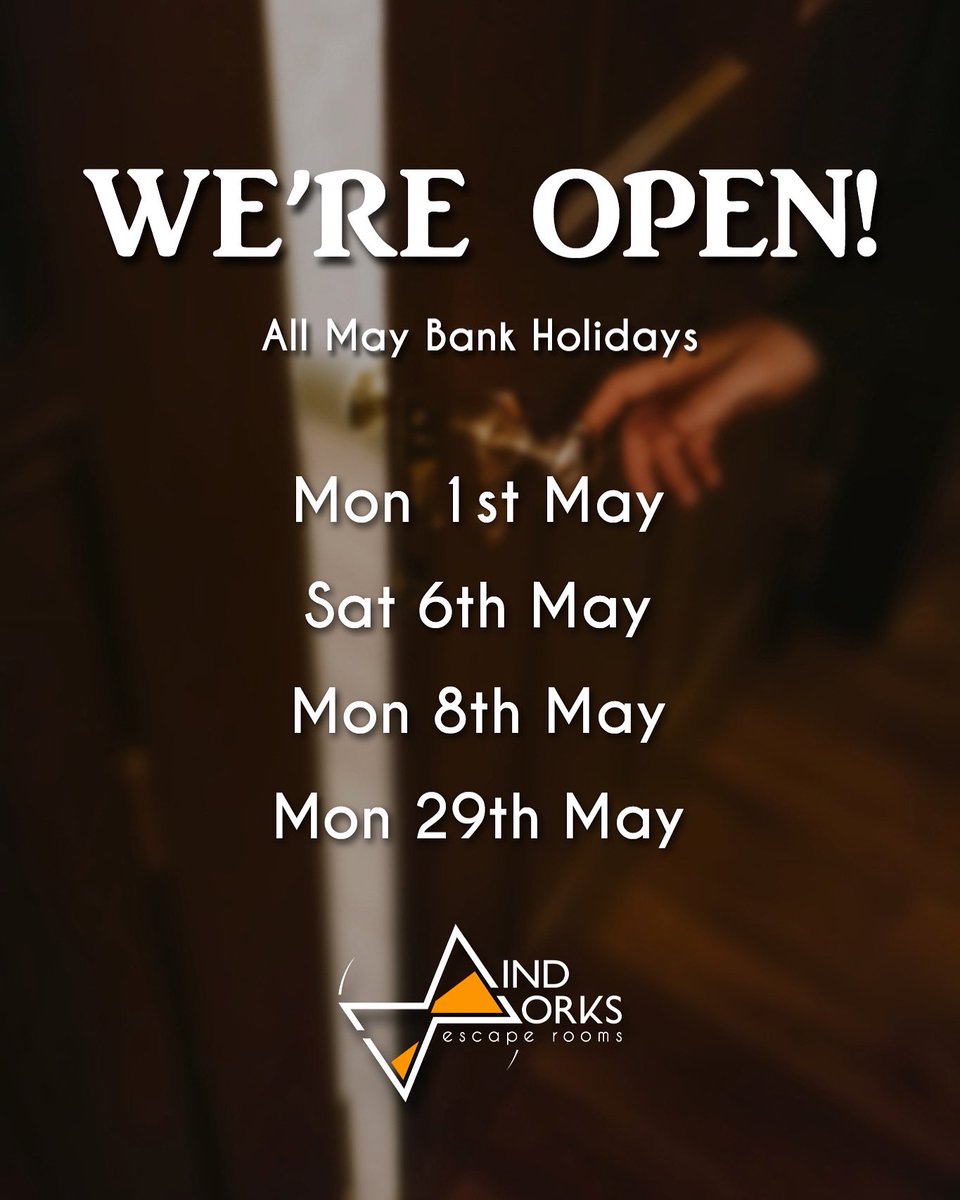 WE’RE OPEN 👋🏼🗓️📣

Dare to challenge yourselves this May!? Play any of our 3 totally original escape room games!! ⏳🧨🏴‍☠️🎩
📻🎬💰🪩

Our games are available to book over all the May Bank Holidays. Head to our website to choose your game and book your slot! 👏🏼 

#bankholiday