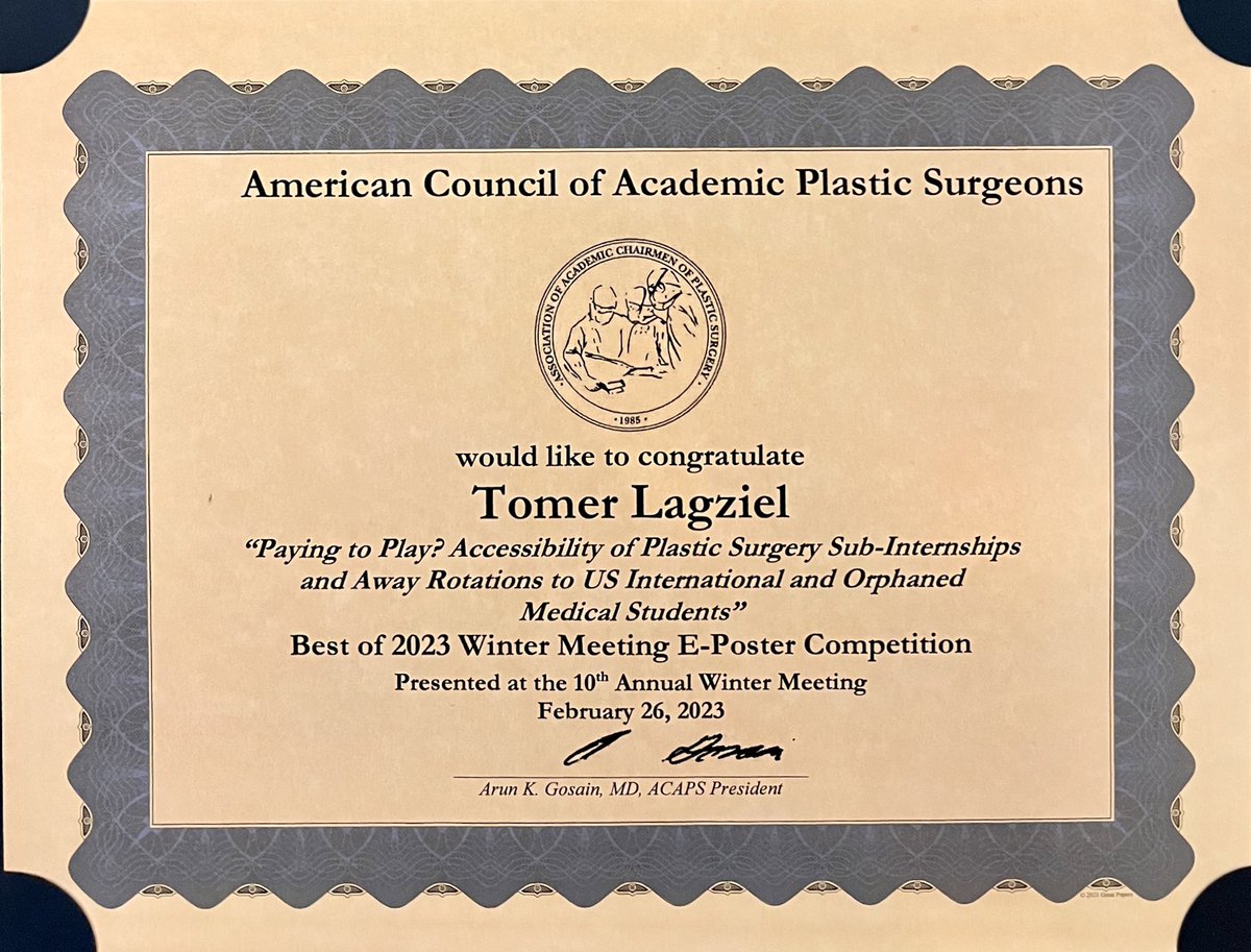 tomer_md's tweet photo. Finally got my hands on this! Thank you to ACAPS and the Hopkins team for the honor and for making this project possible. Financial barriers should not be an obstacle students face when pursuing elective surgical rotations. #MedTwitter #FutureSurgeon #EducationResearch #MedSchool https://t.co/uuKog7J7CL