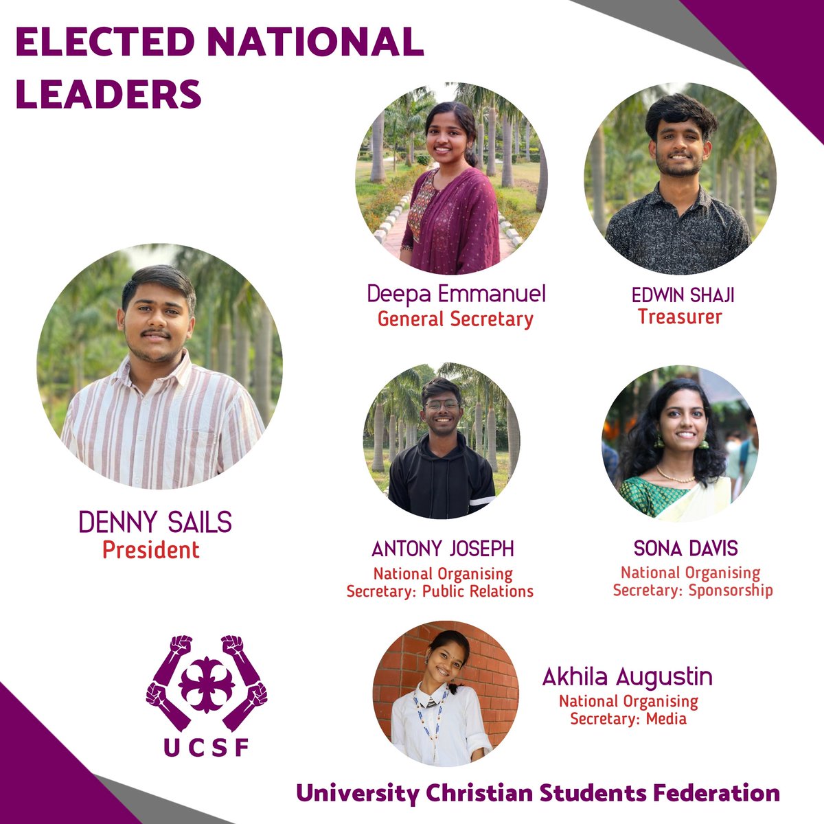 ucsfIND's tweet photo. We are pleased to announce the newly elected national leaders of the University Christian Students Federation: https://t.co/q9Gz4Y7JSA