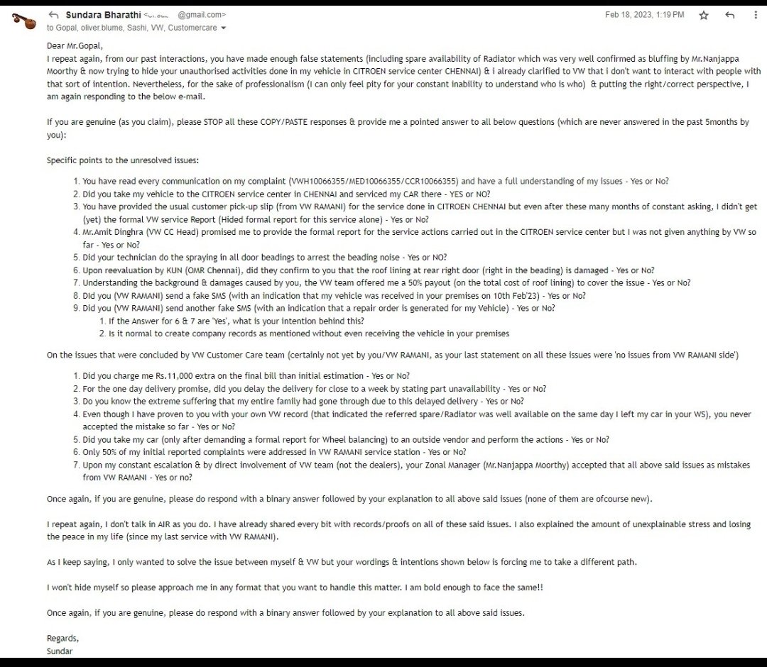 SuBha_Er's tweet photo. @volkswagen @volkswagenindia @VW @Piyush_Arora_  @VWGroup
Height of Unprofessional act!
 Why did you block me while None of my pointed questions were answered nor a remedy was provided. It shows your real face &amp; Cowardly act
VWH10066355 8 month old unresolved complaint
#VWCheatsU https://t.co/5i4yLbNd6r