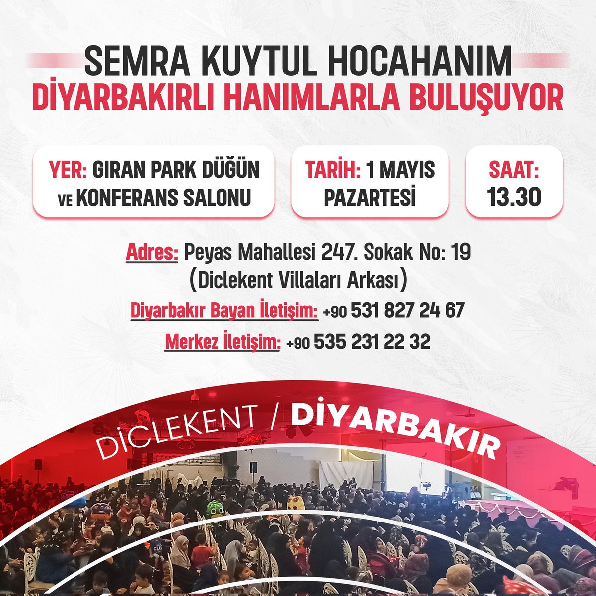 MedyaFurkan's tweet photo. Semra Kuytul Hocahanım Diyarbakırlı Hanımlarla Buluşuyor 📢

📅 1 Mayıs Pazartesi 🕔 13.30 
📍Gıran Park Düğün Salonu 

#FurkanKonferansları https://t.co/wyaITwr4ii
