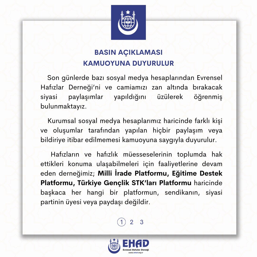 ehadgm's tweet photo. SAYGIYLA DUYURULUR
Bazı sosyal medya hesaplarından derneğimizi zan altında bırakacak siyasi paylaşımlar yapıldığını üzülerek öğrenmiş bulunmaktayız. Derneğimiz; Milli İrade, Eğitime destek ve TGSP haricinde herhangi bir platformun, sendikanın veya siyasi partinin paydaşı değildir https://t.co/yWUkZUxQ23