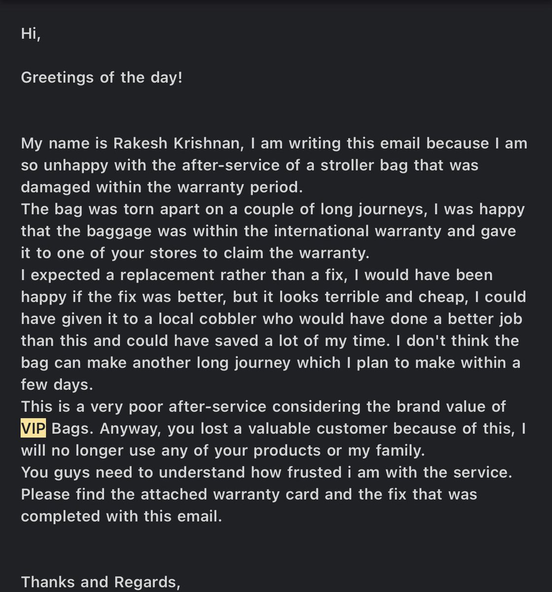 im_rakeshrk's tweet photo. I don’t know ! This is some Customer Support , did not even read the content , just replying the customer email with templates. Hats off @VIPBagsIndia you guys have a very good Customer support Team ! Should be proud 😂
#customersevicefail #customerfeedback #VIPbagsindia https://t.co/TI2wizIrqk