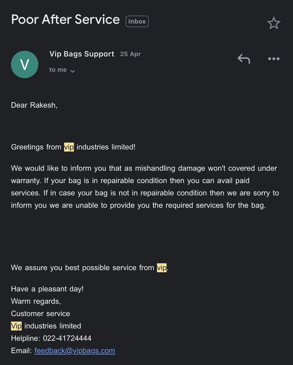 im_rakeshrk's tweet photo. I don’t know ! This is some Customer Support , did not even read the content , just replying the customer email with templates. Hats off @VIPBagsIndia you guys have a very good Customer support Team ! Should be proud 😂
#customersevicefail #customerfeedback #VIPbagsindia https://t.co/TI2wizIrqk