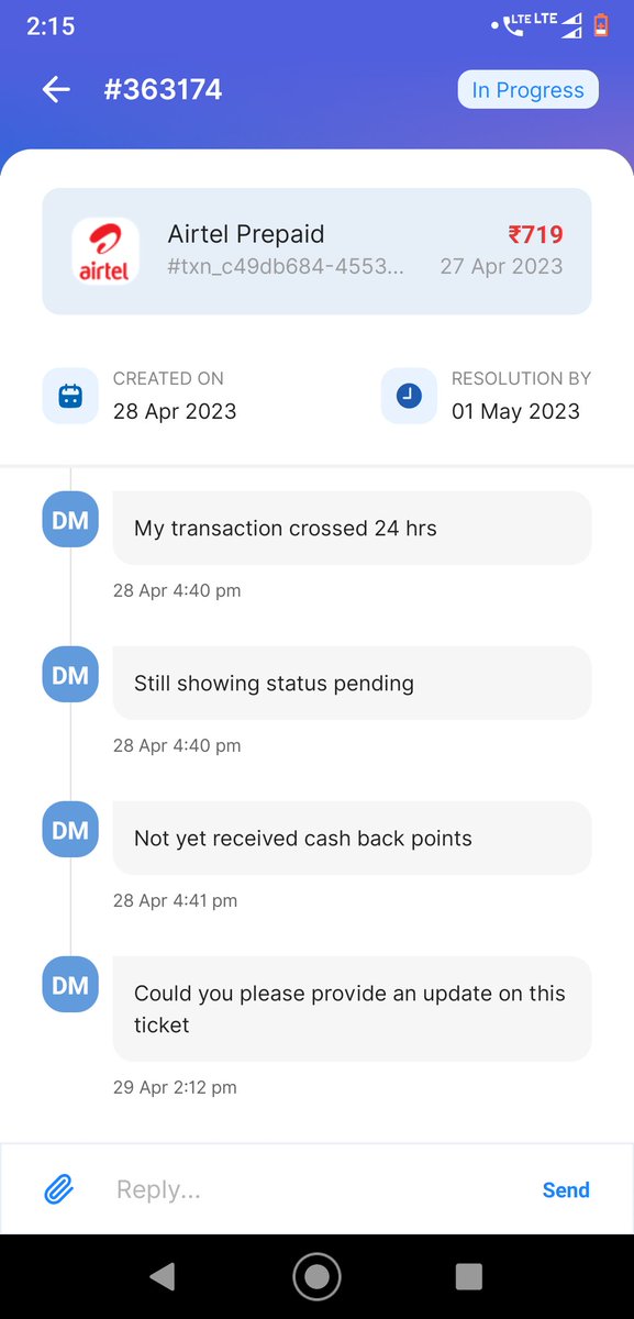 dineshvd77's tweet photo. @payzapp @HDFCBank_Cares  my transaction status showing still pending. Could you please check my ticket status and resolution ASAP. https://t.co/4ikEBzPSmp