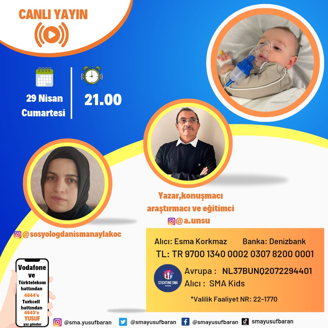 Canlı yayınımız var ‼️
Depremzede ve SMA tip-1 hastası Yusuf Baran'a umut olmak için bu akşam Saat 21:00’da  @sosyologdanismanaylakoc Ve Yazar,Konuşmacı Araştırmacı Ve Eğitimci <a href="/a/">Ani</a>.unsu ile Instagram canlı yayınımızda buluşuyoruz 💙🙏🏻
SEN VARSAN UMUDUMUZ VAR 💙
#PeterPanEWendy